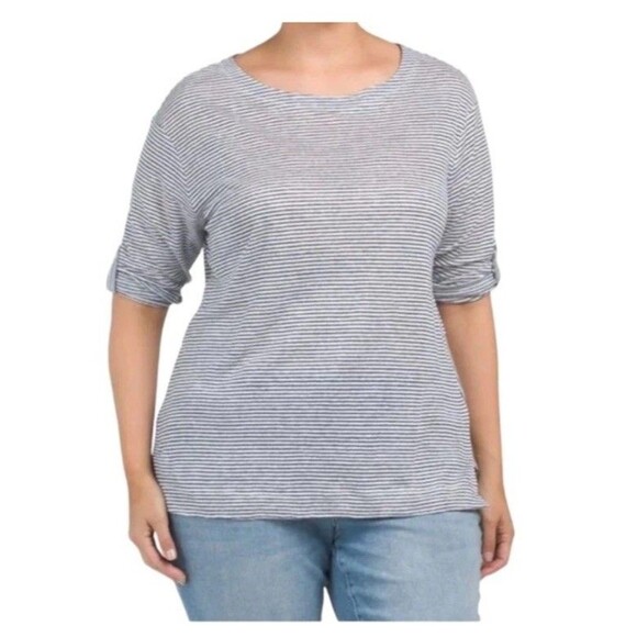 Adrienne Vittadini Linen Blouse Size 2X Black and Grey Stripes Half Sleeves - Picture 8 of 9